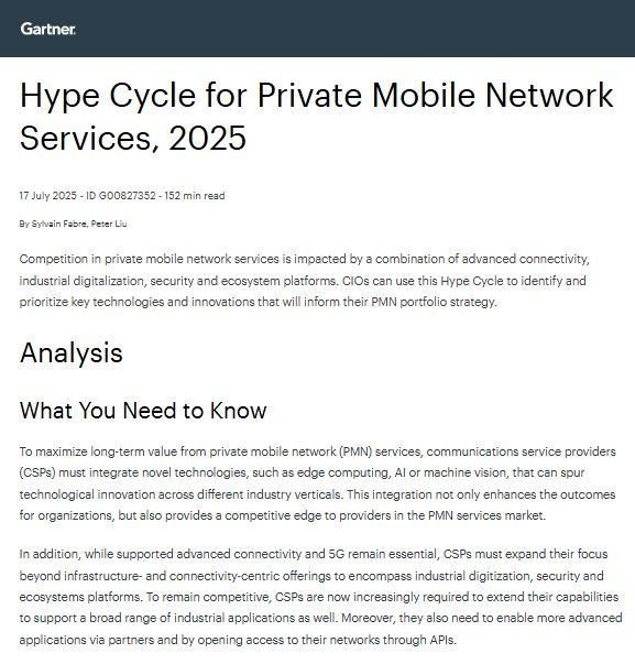 Gartner - Hype Cycle for Private Mobile Network Services 2025