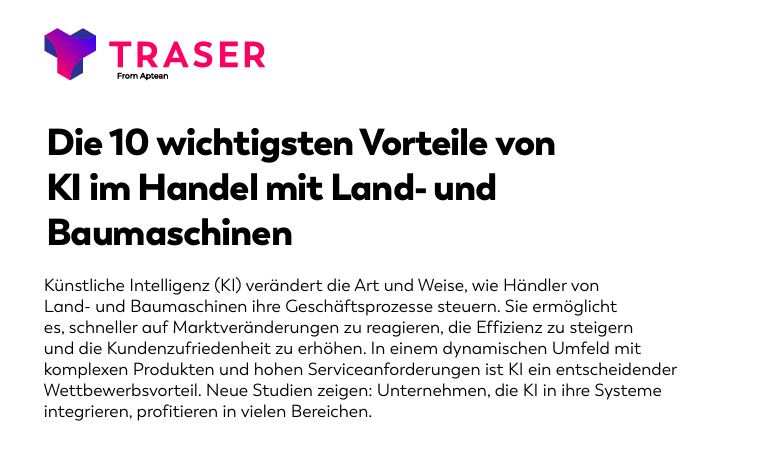 Die 10 wichtigsten Vorteile von KI im Handel mit Land- und Baumaschinen